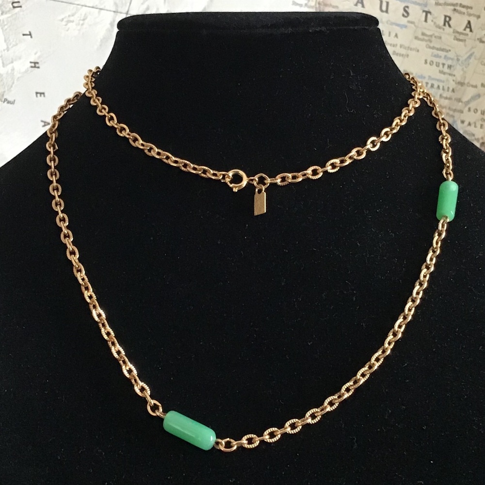 Vintage Emmons Signed Necklace Gold Tone Green Beads - Picture 6 of 12